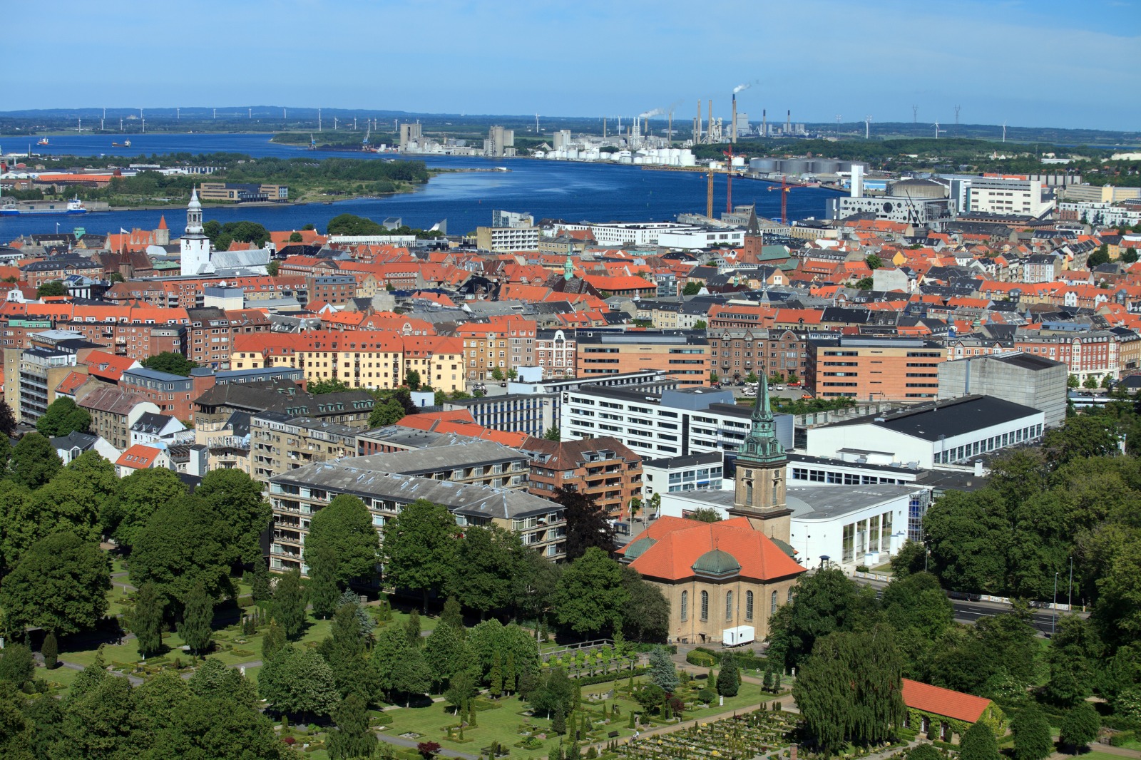 Aalborg rooftops and waterfront seen from above – moving from the UK to Aalborg