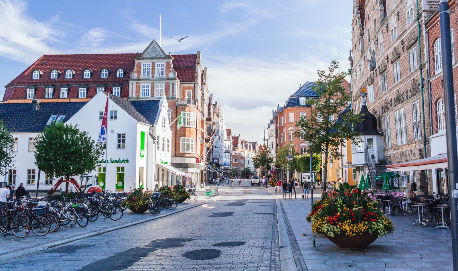 Flower displays and bicycles on a street in Aalborg – part-load removals to Aalborg