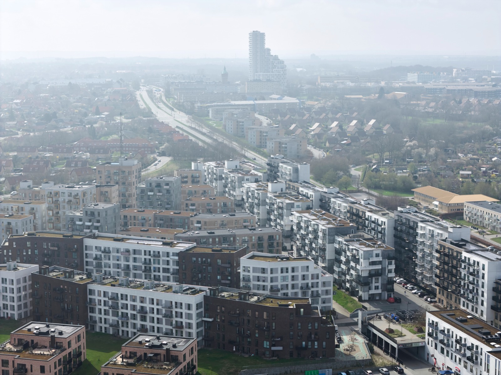 Aerial view of Aarhus beneath a hazy sky – shared-load removals to Aarhus