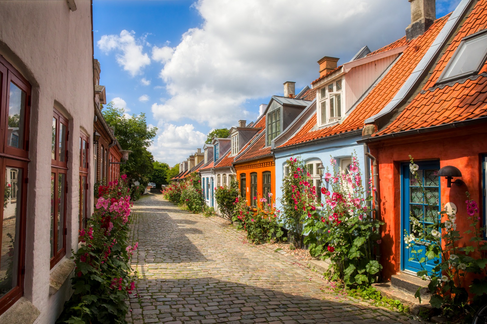 Colourful houses and flower gardens along a cobbled lane in Denmark – moving from the UK to Denmark