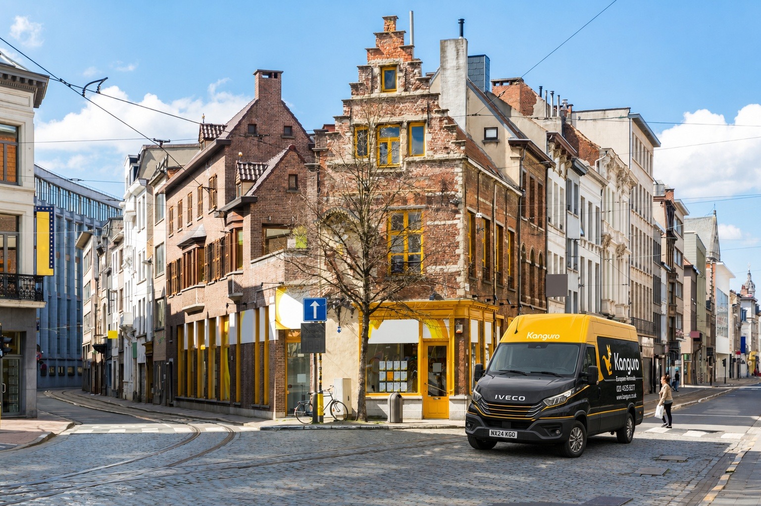 Kanguro removal van at a street corner in Antwerp, Belgium – removals from the UK to Belgium