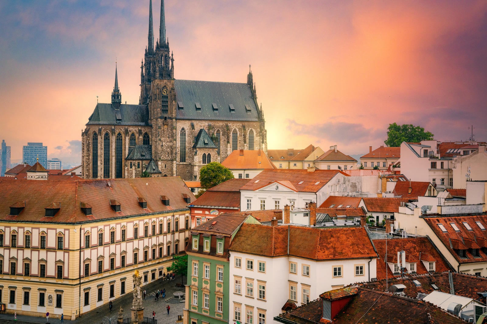 Cathedral towers above the rooftops of Brno at sunset – removals from the UK to Brno