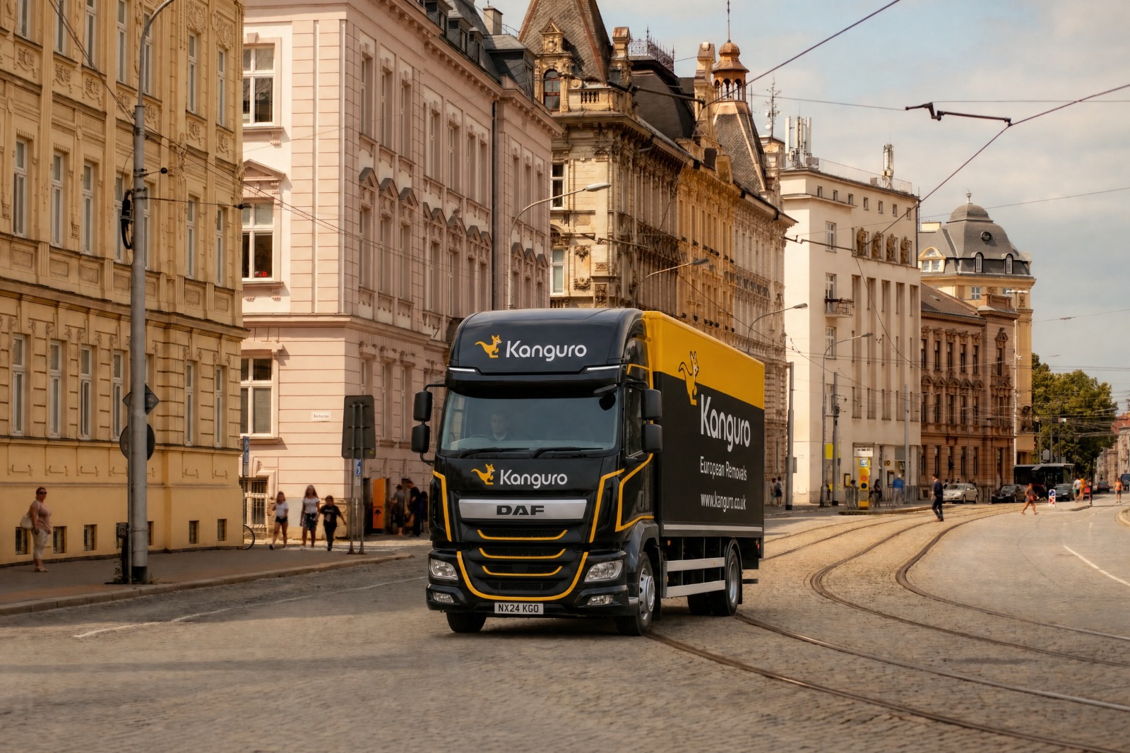Kanguro removal truck on a tram-lined street in the Czech Republic – shared-load removals from the UK to the Czech Republic