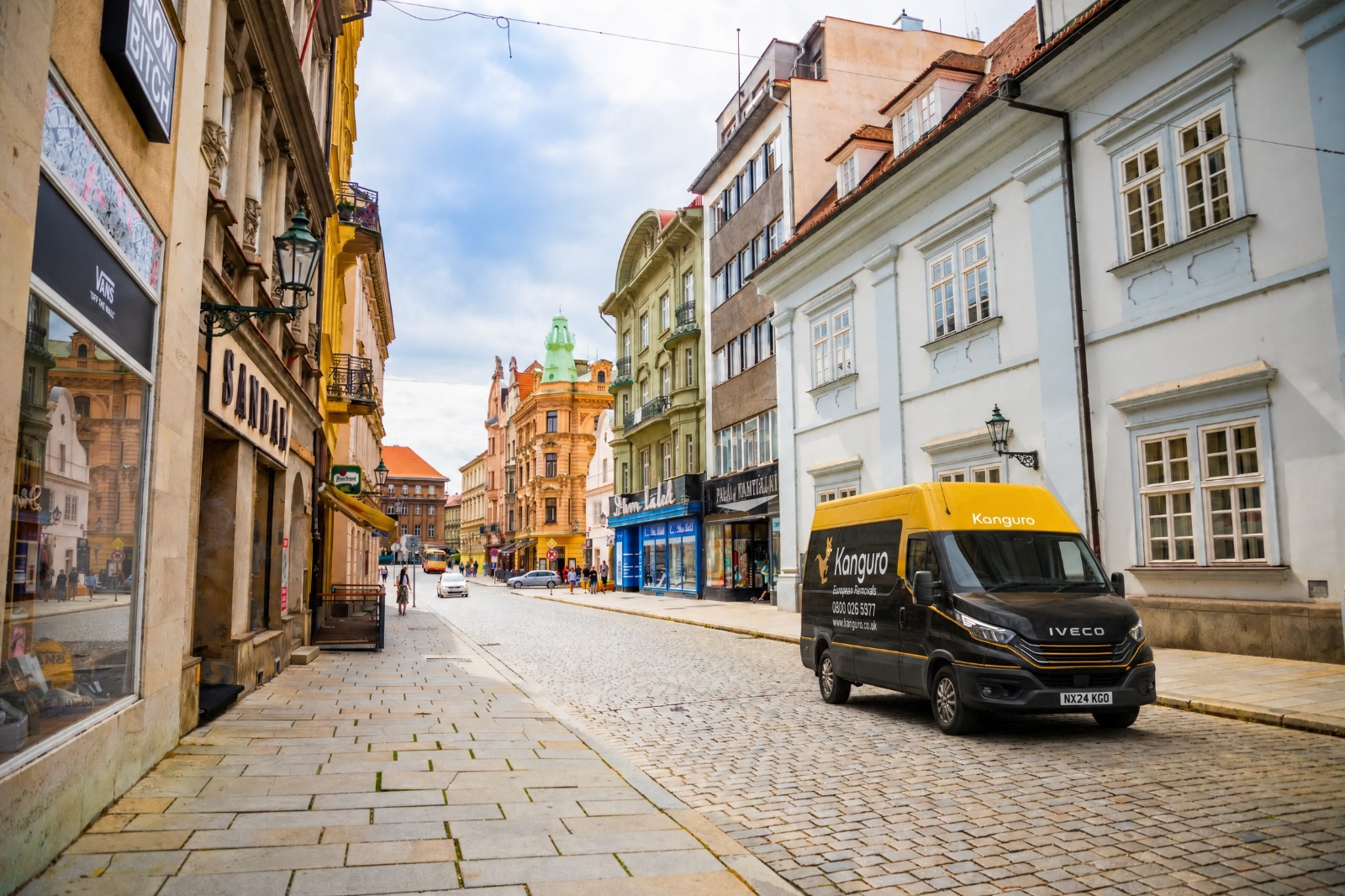 Kanguro removal van on a cobbled street in the Czech Republic – dedicated removals from the UK to the Czech Republic