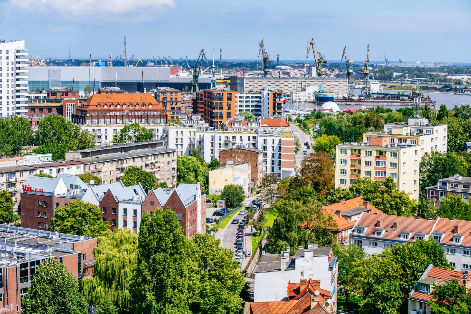 Gdansk rooftops and port cranes in the distance – shared-load removals to Gdańsk