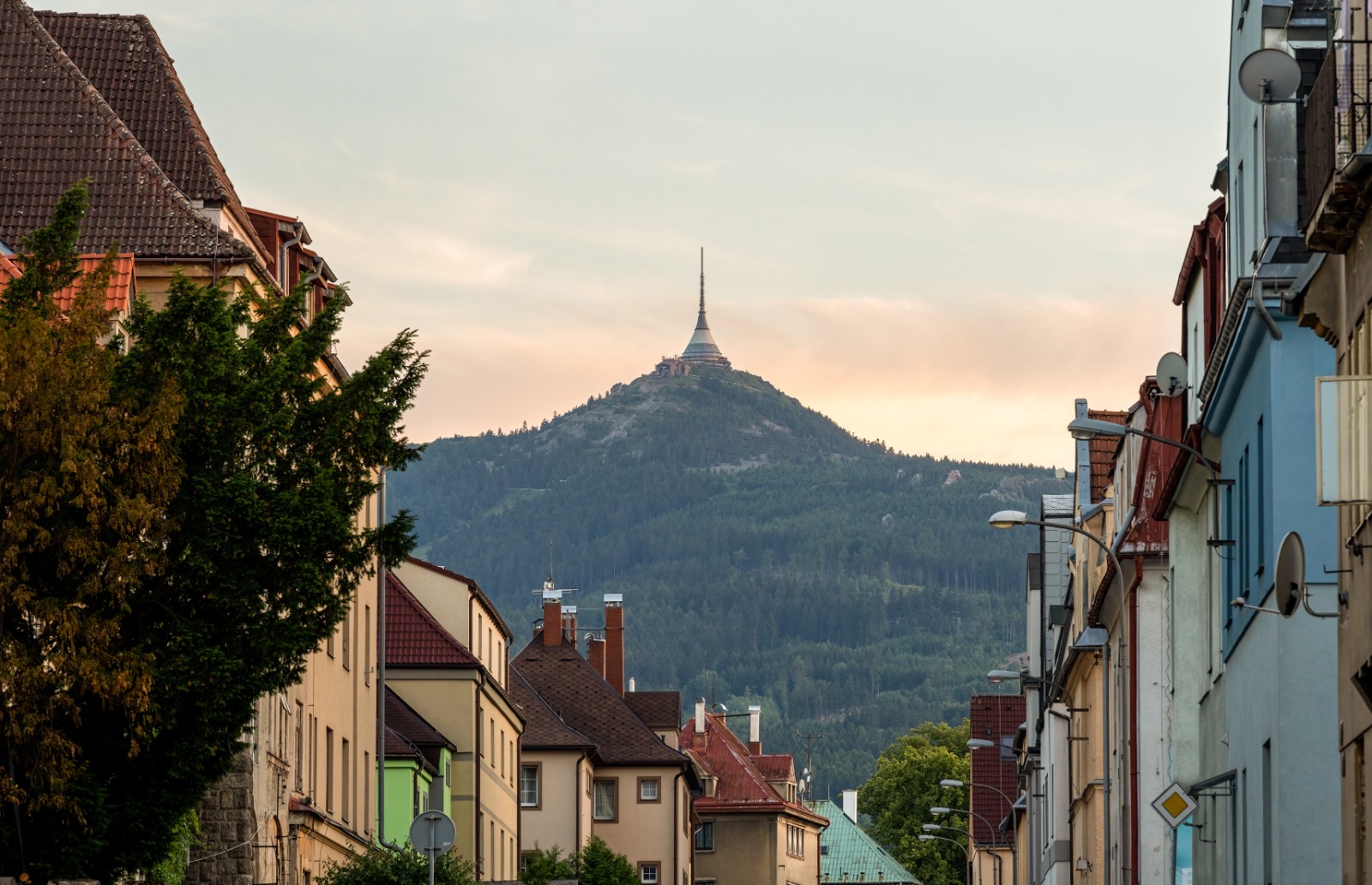 Street in Liberec with Jested mountain in the distance – part-load removals to Liberec