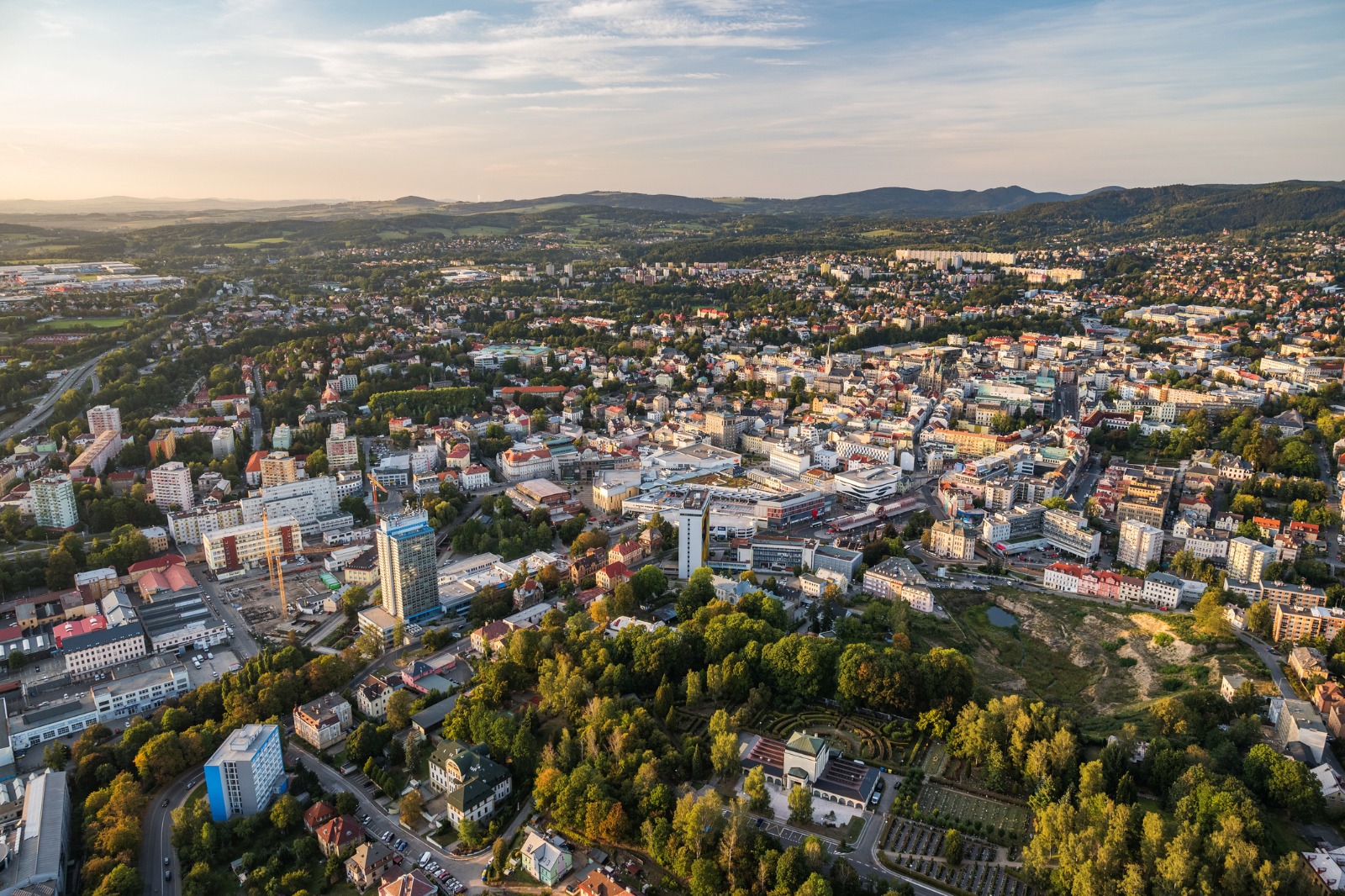 Aerial panorama of Liberec and the surrounding hills – shared-load removals to Liberec