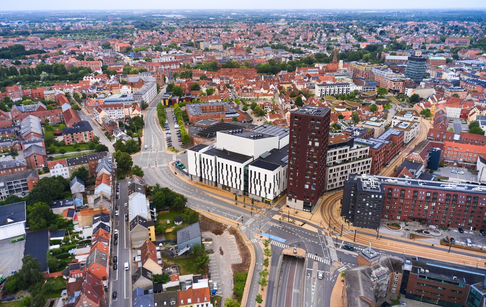 Aerial view of Odense with its theatre and surrounding streets – part-load removals to Odense