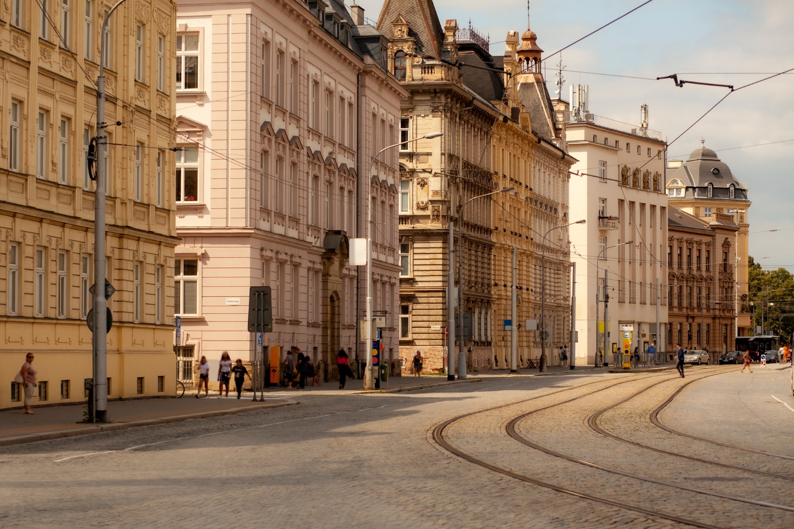 Tram tracks beside ornate historic buildings in the Czech Republic – shared-load removals to the Czech Republic