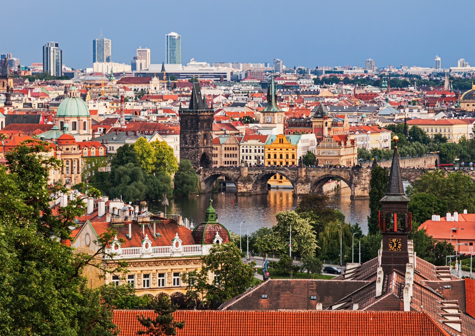 Prague rooftops, river bridges and the Old Town Bridge Tower – part-load removals to Prague