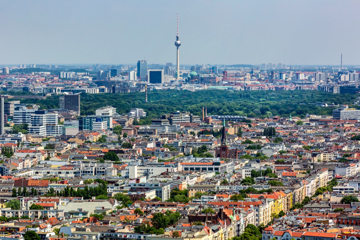 Aerial panorama of Berlin with the television tower above the city – removals from the UK to Berlin
