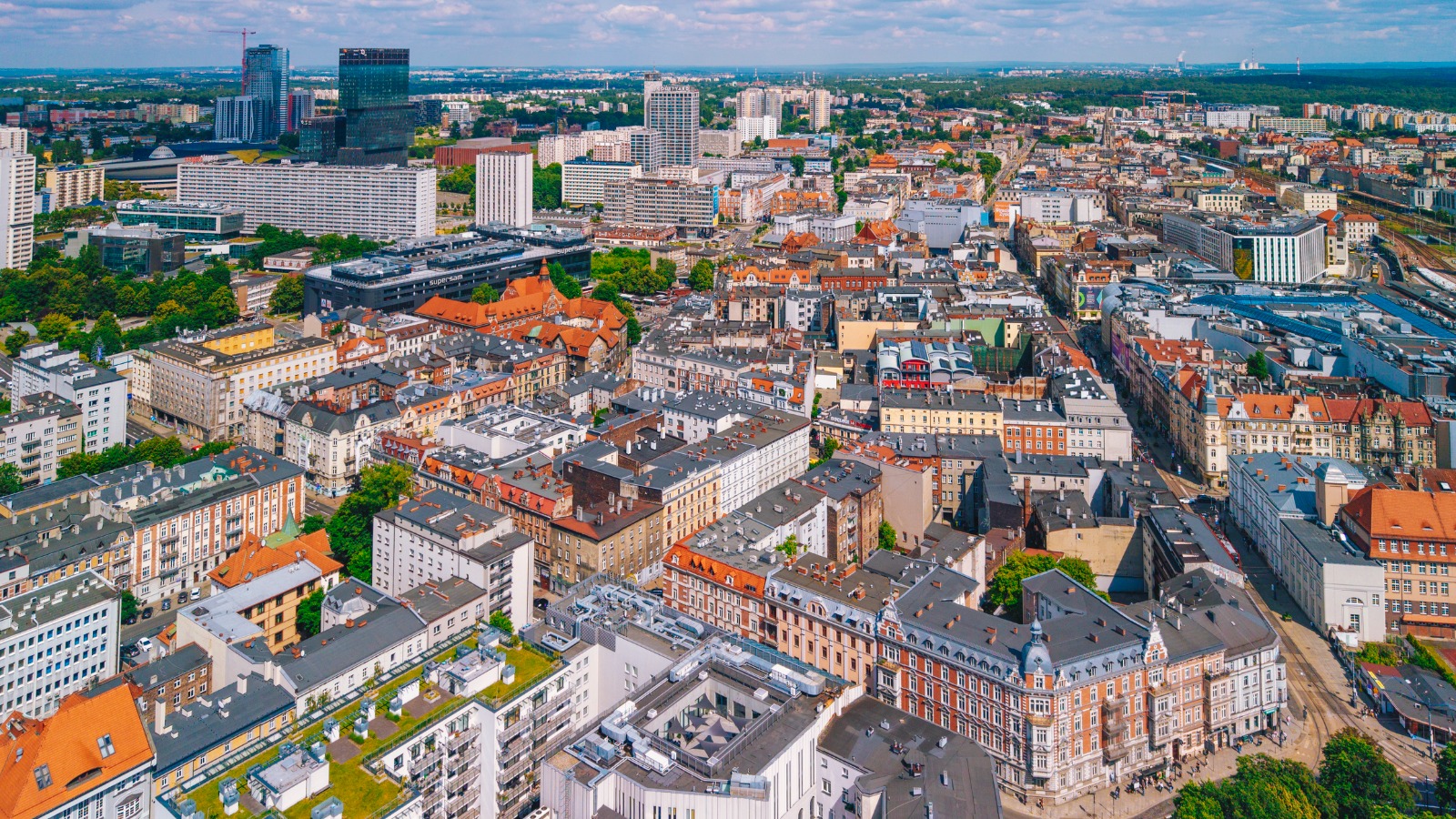 Aerial view of Katowice city centre – removals from the UK to Katowice