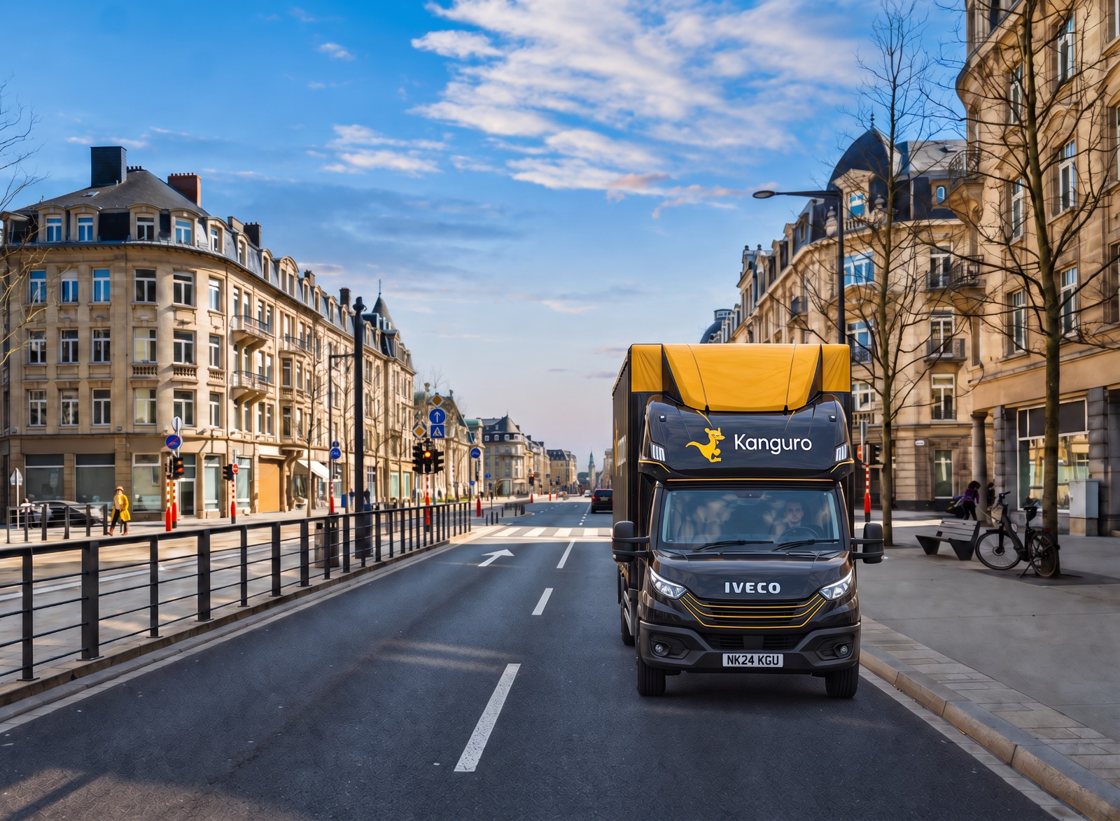 Kanguro removal van on a broad avenue in Luxembourg City – man and van removals from the UK to Luxembourg