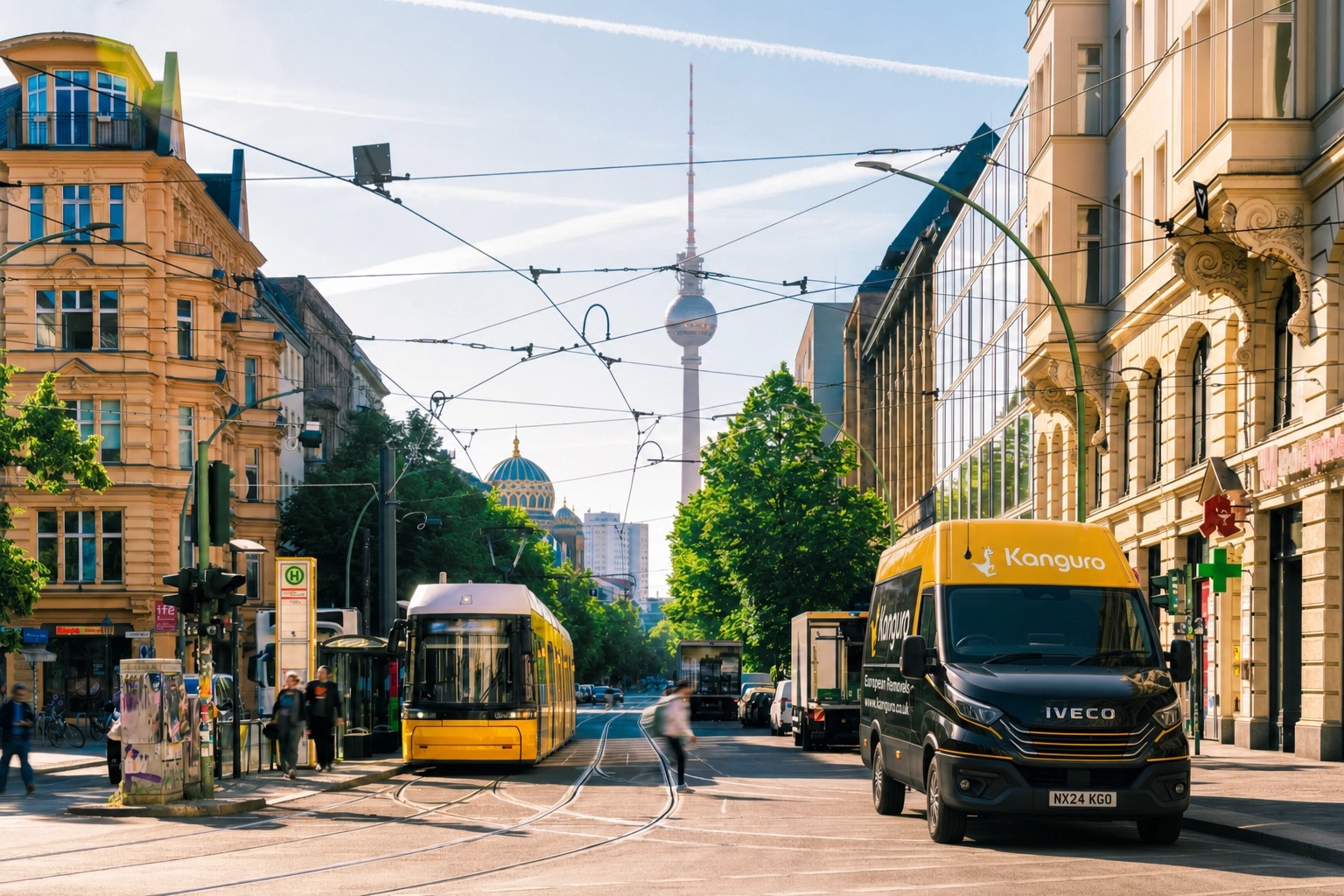 Kanguro removal van beside a tram with Berlin's television tower in the distance – shared-load removals from the UK to Germany